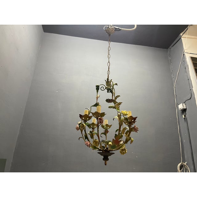 Italian Tole & Ceramic Floral Chandelier, 1960s For Sale - Image 6 of 18