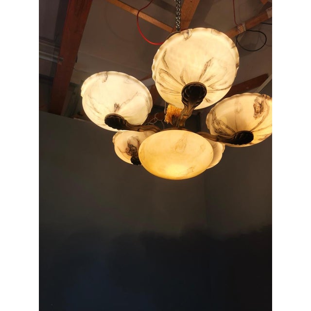 Metal Czech Art Deco Brass Opaline Glass Chandelier, 1940s For Sale - Image 7 of 11