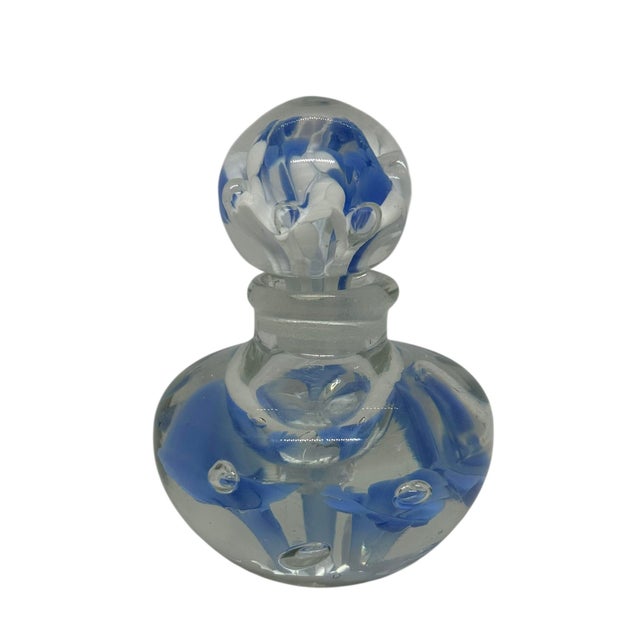 Vintage Joe St. Clair Controlled Bubble Ice Blue Trumpet Flowers 4 1/4” Perfume Paperweight Bottle For Sale - Image 4 of 12