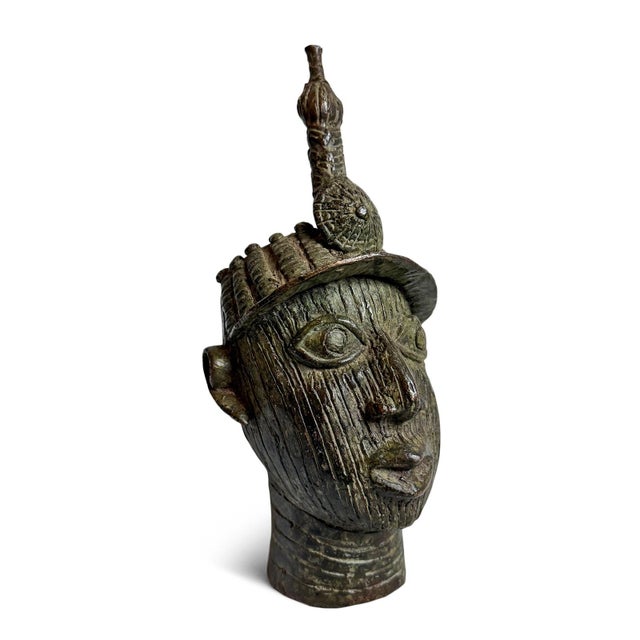Tribal Old Antique African Bronze Nigeria Edo Ife Head Sculpture For Sale - Image 3 of 8