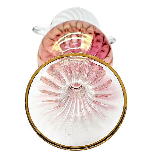 Pink 1940s Murano Hand-Blown Cranberry & Gold Venetian Glass Vase With Handles For Sale - Image 8 of 8