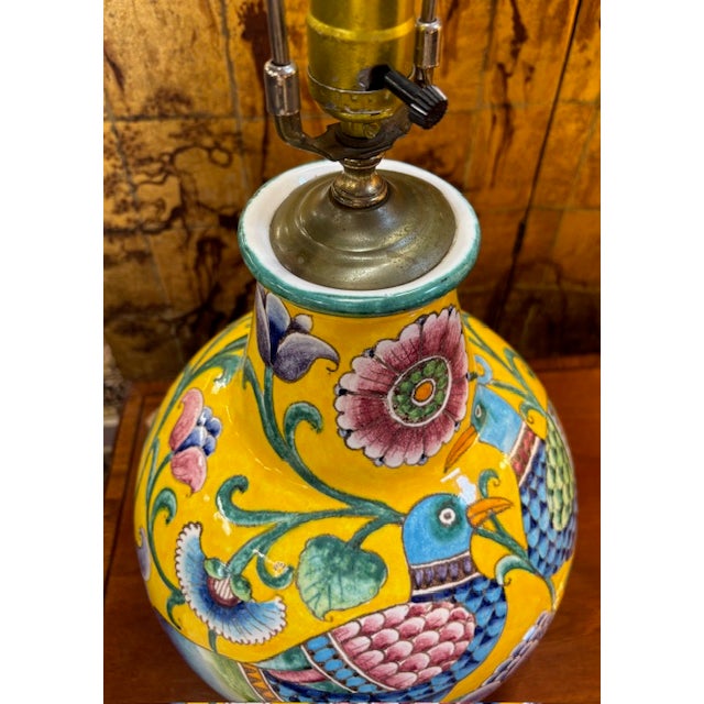 Metal Mid Century Italian Yellow Glazed Ceramic Lamp With Birds and Flowers - Signed For Sale - Image 7 of 8