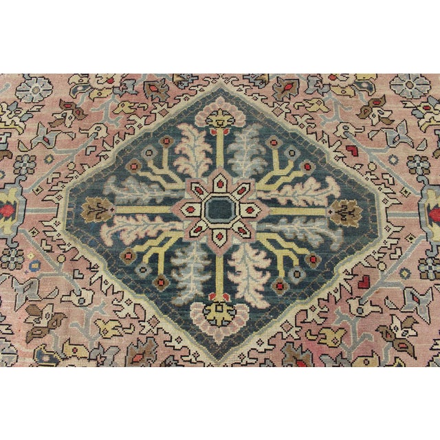 Textile 1930s Large Oushak Rug With Floral Design in Pink and Steel Blue For Sale - Image 7 of 13