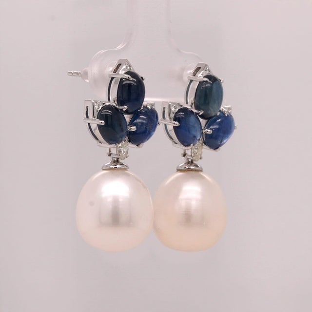 Contemporary Cabochon Sapphire, Diamond and Pearl Platinum Drop Earrings - Fei Liu, Pair For Sale - Image 3 of 5