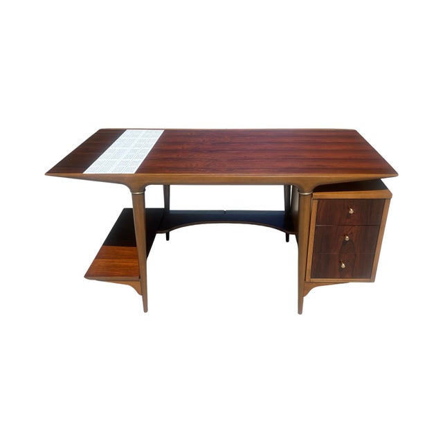 Lane Furniture Rare Vintage Mid Century Modern Cosmopolitan Lane Rosewood Desk Restored Brass Tile 1960s For Sale - Image 4 of 12
