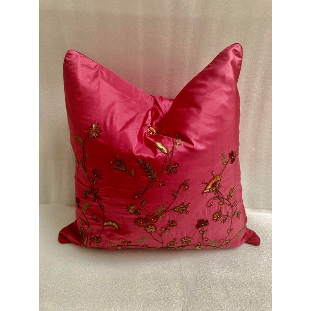 Transitional Zardozi Floral Embroidered Accent Decorative Silk Pillow Cover For Sale - Image 3 of 9