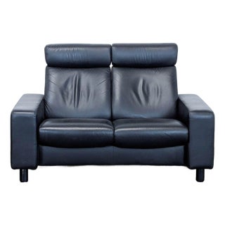 Stressless Arion Black Leather Loveseat With Adjustable Headrests For Sale