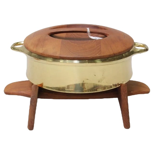 Brass Model 1310ch Pot with Lid and Teak Stand by Jens Quistgaard for Dansk Design, 1950s, Set of 3 For Sale