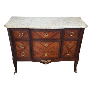 19th C French Louis XV Inlaid & Bronze Mounted Sienna Marble Top Commode Chest For Sale