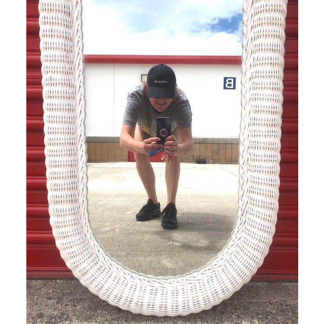 Wood Vintage Arched White Wicker Full Length Dressing Wall Mirror For Sale - Image 7 of 9