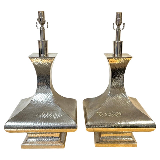 Late 20th Century Monumental Hand-Hammered Silver-Plated Modernist Table Lamps - a Pair For Sale - Image 14 of 18