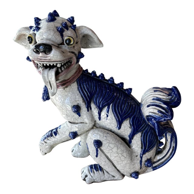 Vintage Oriental Blue & White Large Foo Dog Terracotta Porcelain For Sale