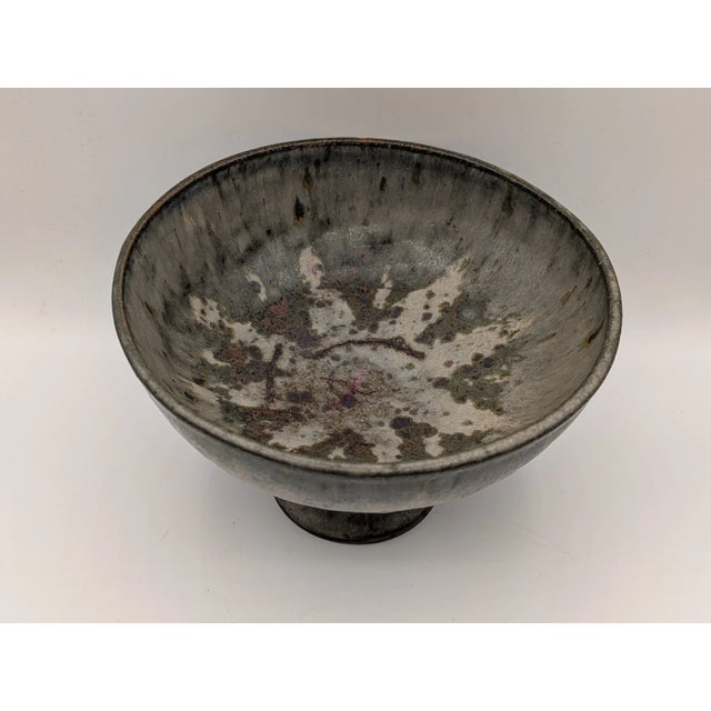 Late 20th Century Handcrafted Studio Pottery Blue Gray Glaze Speckled Pedestal Bowl Signed For Sale - Image 11 of 12