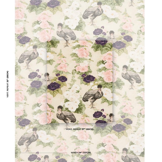 Featuring charming chickens scattered among a lush profusion of hollyhocks, this animated floral fabric design by Mary...