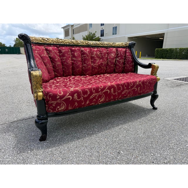 1930s Lovely Louis XVI Gold & Red Satin Walnut Victorian Sofa Settee For Sale - Image 11 of 12