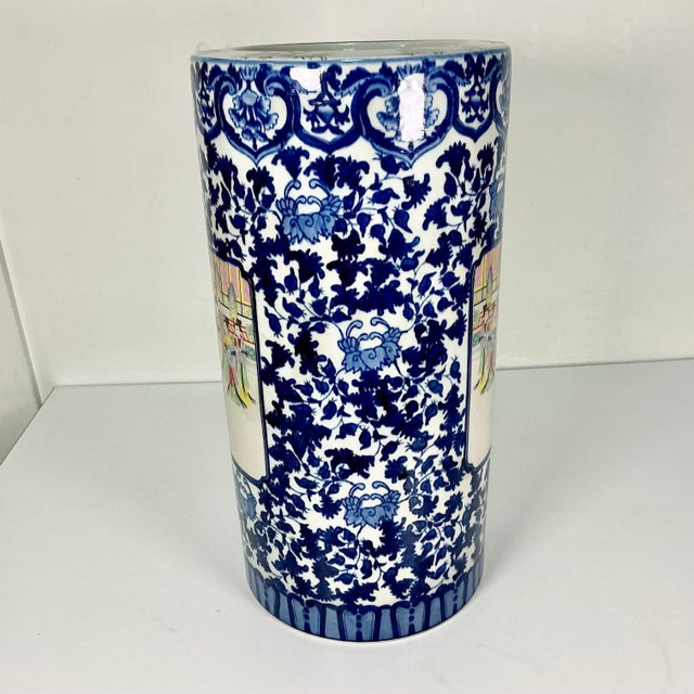 April Showers…Antique Chinoiserie Hollywood Regency Flow Blue Porcelain Umbrella Stand. For Sale - Image 12 of 13