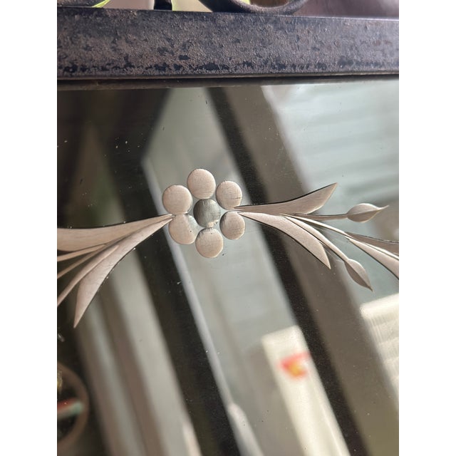 Art Nouveau French Style Cast Iron Wall Mirror With Applied Brass Rosettes & Beveled Etched Glass For Sale In Boston - Image 6 of 12