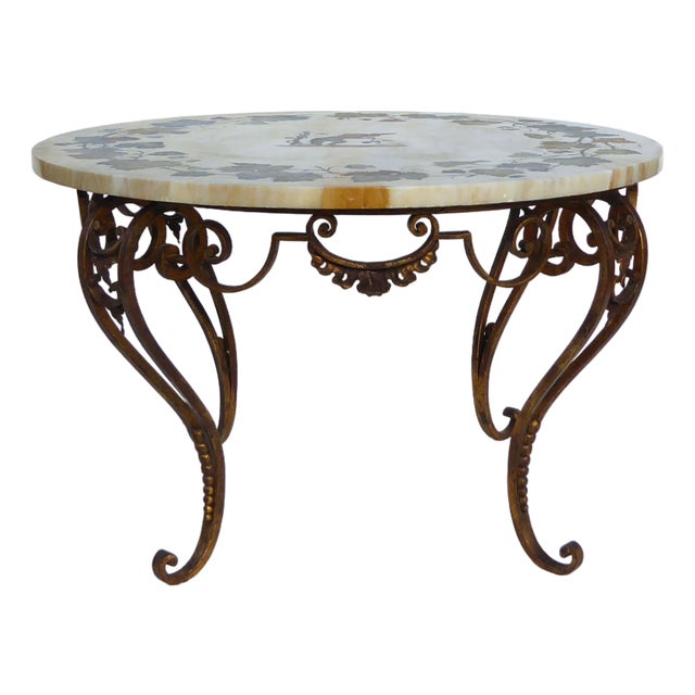 Antique French-Italian Wrought Iron Coffee Tablr witn Pietra Dura Marble Top and Pattern of Vignes and Cherub, 1890s For Sale