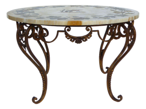 Antique French-Italian Wrought Iron Coffee Tablr witn Pietra Dura Marble Top and Pattern of Vignes and Cherub, 1890s