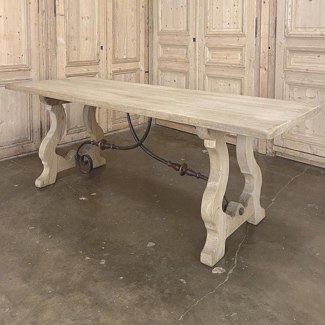 Vintage Spanish Dining Table With Wrought Iron in Solid Stripped Oak For Sale - Image 4 of 18