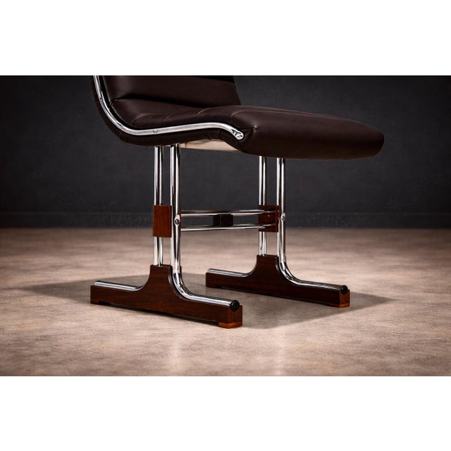 Mid-Century Modern Set of 6 Chairs in Leather, Metal & Wood, Braszenski, 1960s For Sale - Image 3 of 13