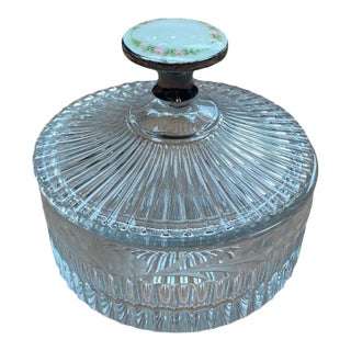 Antique Heisey Glass Vanity Jar With a Sterling Enameled Handle, 1920s For Sale