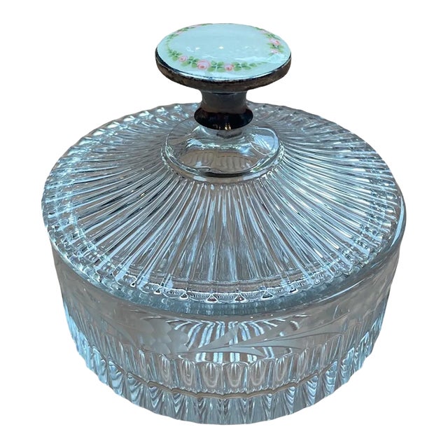 Antique Heisey Glass Vanity Jar With a Sterling Enameled Handle, 1920s For Sale