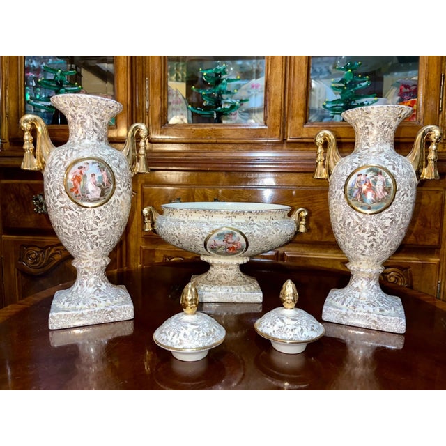 Set of 3, Vintage Empire Porcelain Shelton Compote Dish Lidded Vases Urns For Sale In Dallas - Image 6 of 11