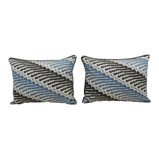 Vintage Blue and Black Hand-Blocked Batik Decorative Bolster Pillows - A Pair For Sale