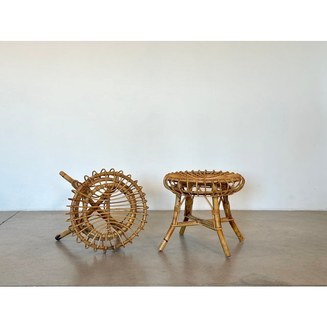 Mid-Century Modern Vintage Rattan and Bamboo Stools, 1970s, Set of 2 For Sale - Image 3 of 7