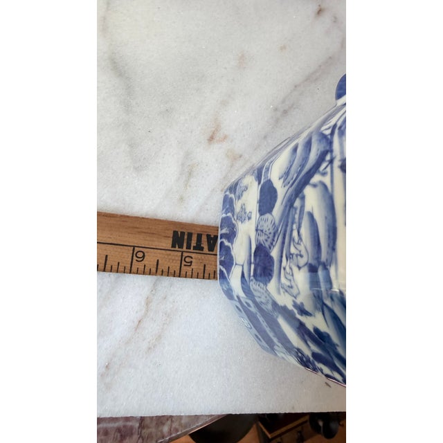 Vintage Style Chinoiserie Blue & White Octagonal Pitcher Vase - Figural Serpent Dragon Handle.. For Sale - Image 9 of 11