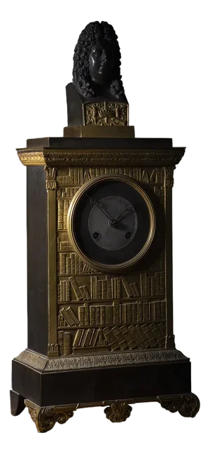 French Louis XIV Gilt Bronze Figured Clock with Library Design