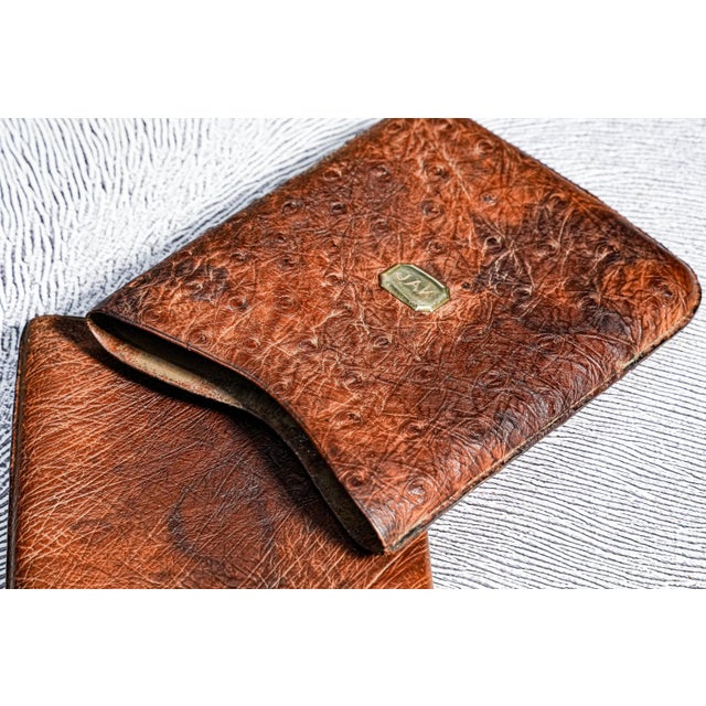 Metal Exotic Ostrich Leather Antique Cigar Case Holder Luxury Art Deco 14k Gold For Sale - Image 7 of 11