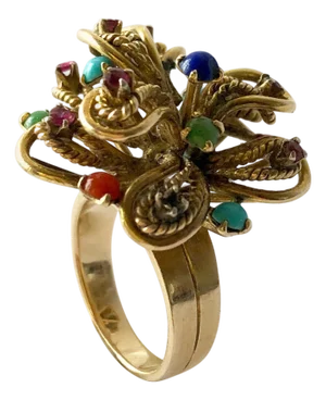 1960s 14 Karat Gold Garnet Turquoise Lapis Multi Gemstone Flower Cocktail Ring