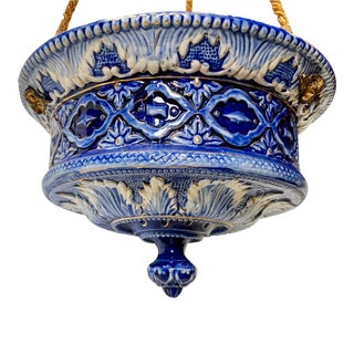 Victorian Style Blue & White Transferware Majolica Glazed Pottery Light / Chandelier For Sale