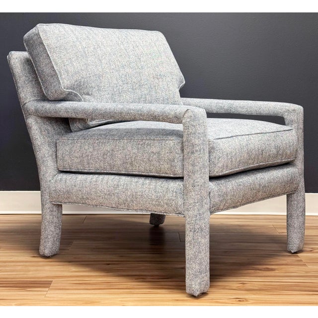 Milo Baughman Newly Upholstered Vintage MCM Parsons Chair in Rich Blue Tweed For Sale - Image 4 of 12