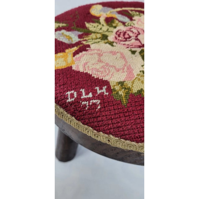 Raspberry Red Vintage Needlepoint Footstool, Round Wood, Rustic Farmhouse Folk Art For Sale - Image 8 of 8