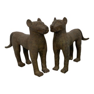 Late 19th Century Massive Pair of Old Benin Leopard Bronze Nigeria African For Sale
