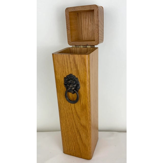 1950s Oak Fireplace Matches Holder With Brass Lion For Sale - Image 4 of 12