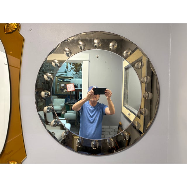 Pair Of Italian Modern Fontana Arte Inspired Mirrors. Offered is a beautiful pair of round mid-century Italian etched...
