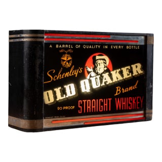 Vintage Backlit Reverse-Painted Glass Old Quaker Whiskey Sign For Sale