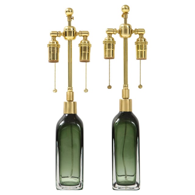 Bottle Green Bottle Green Crystal Lamps by Orrefors - A Pair For Sale - Image 8 of 8