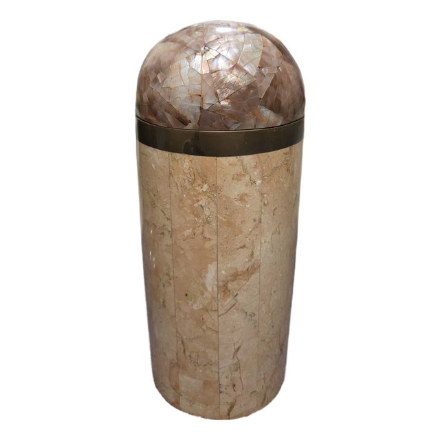 1970s Maitland Smith Tessellated Stone & Mother of Pearl Cylindrical Box For Sale