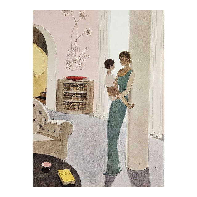 1934 French Art Deco Lithograph-Woman at Home With Child For Sale