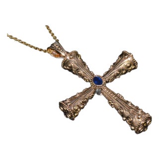 Certified Natural 0.88Cts Diamond Sapphire 18k 750 Solid Gold Filigree Cross Byzantine Greek Reversible 2-in- 1 Pendant For Sale