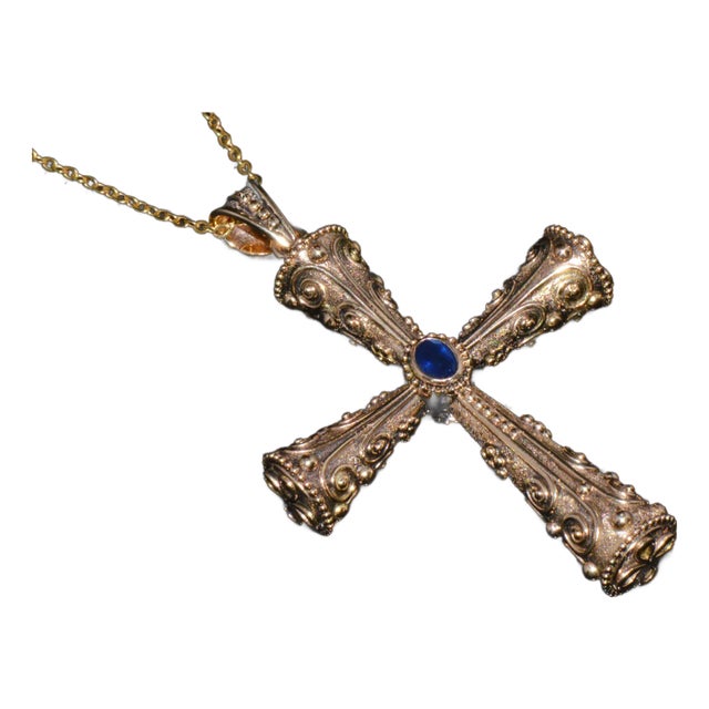 Certified Natural 0.88Cts Diamond Sapphire 18k 750 Solid Gold Filigree Cross Byzantine Greek Reversible 2-in- 1 Pendant For Sale