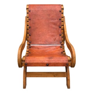 Vintage Pine & Leather Butaque Lounge Chairs in the Style of Clara Porset - William Spratling For Sale