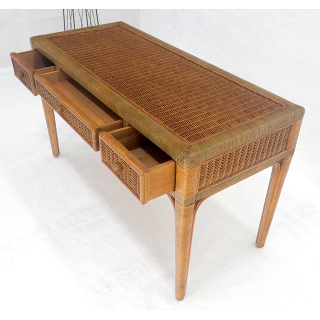 Brown Vintage Mid Century c1970s Wicker Low Profile 3 Drawer Desk Console Mint For Sale - Image 8 of 13