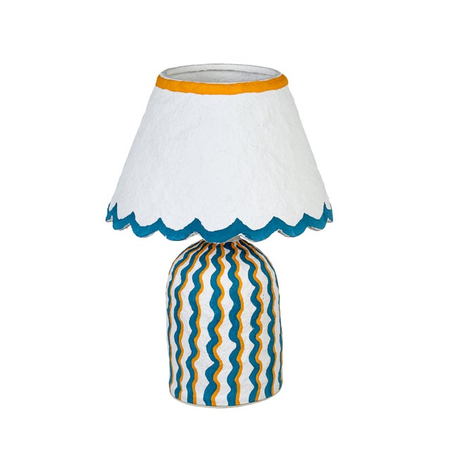 Boho Chic Blum Scalloped Squiggle Cotton Mache Table Lamp, Blue/Yellow For Sale - Image 3 of 6