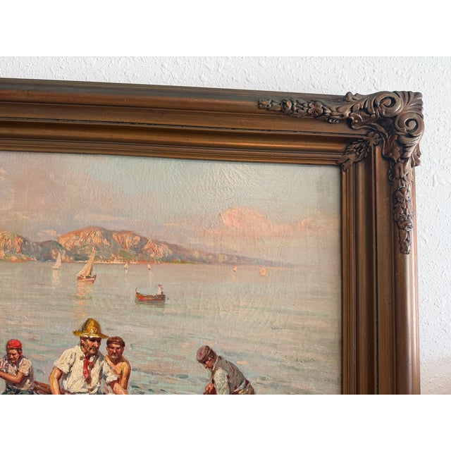 Impressionist Early 20th Century Giuseppe Giardiello (Italia 1870-1920) Antique Oil Painting Fishermen Seascape For Sale - Image 3 of 12